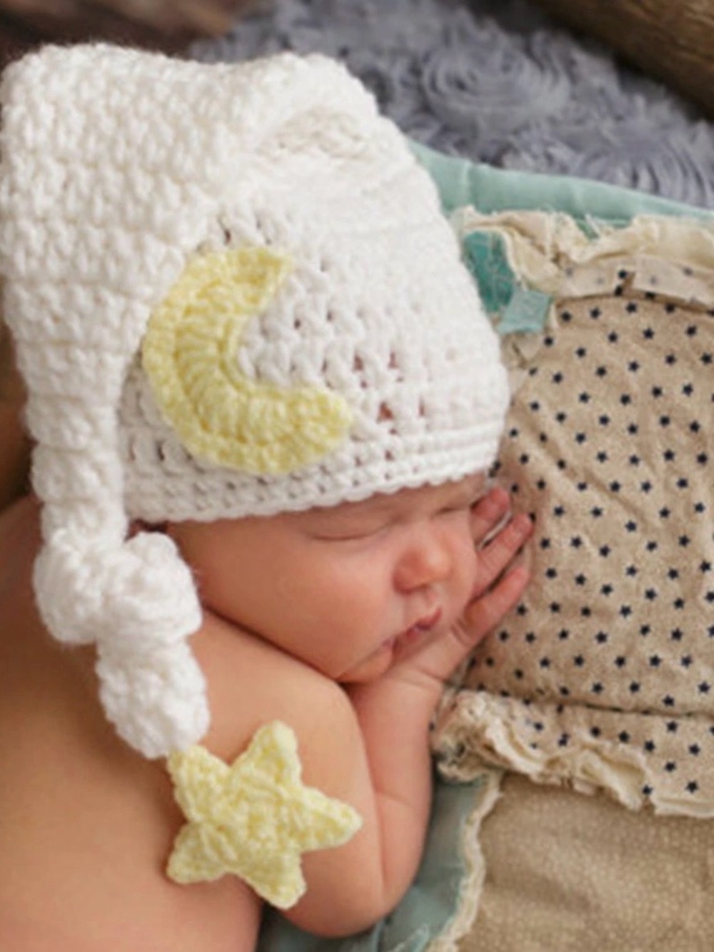 Yellow Star & Moon Newborn Knit Hat NB Phot Prop